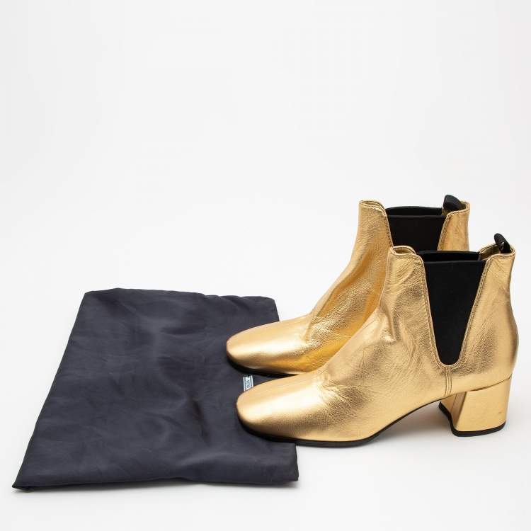Pre Owned Prada Gold Leather Ankle Boots Size 39
