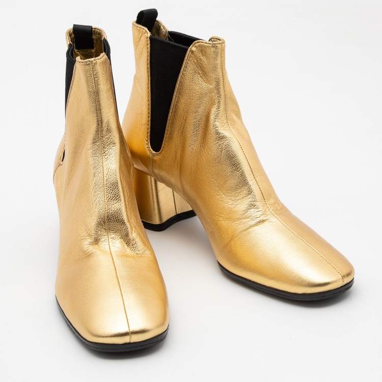 Pre Owned Prada Gold Leather Ankle Boots Size 39