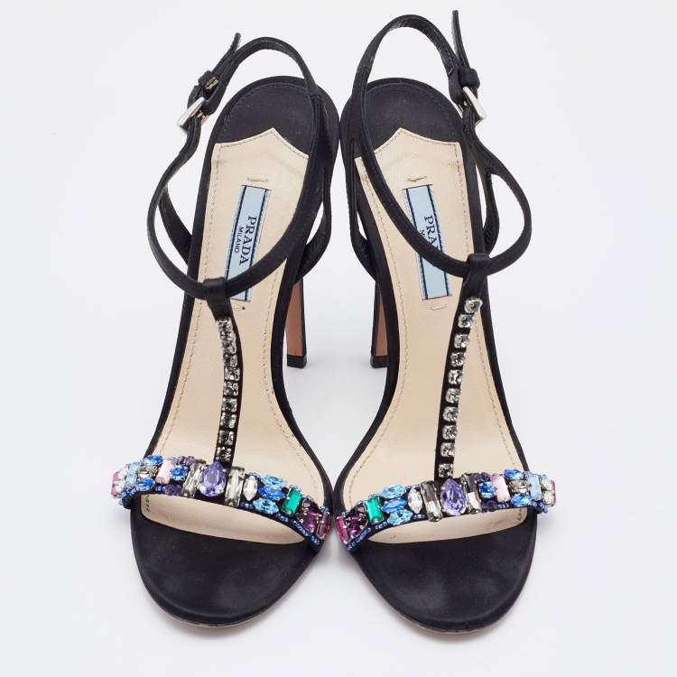 Pre Owned Prada Black Satin Crystal Embellished Ankle Strap Sandals Size 38