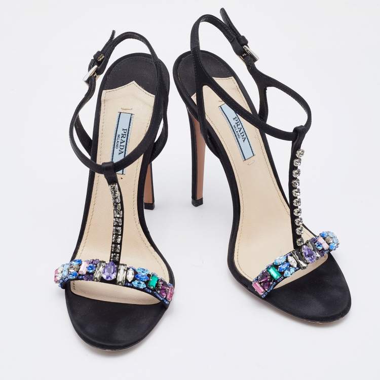 Pre Owned Prada Black Satin Crystal Embellished Ankle Strap Sandals Size 38