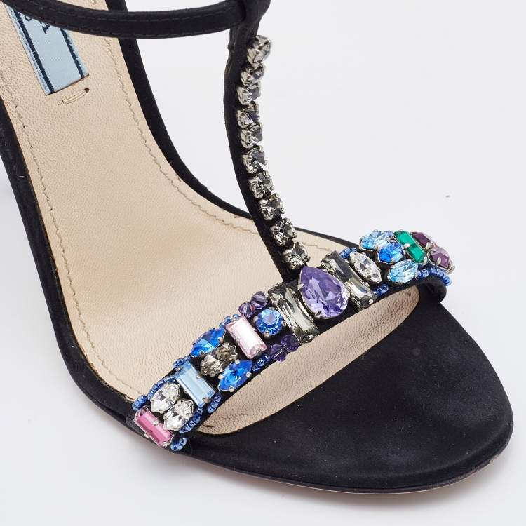 Pre Owned Prada Black Satin Crystal Embellished Ankle Strap Sandals Size 38