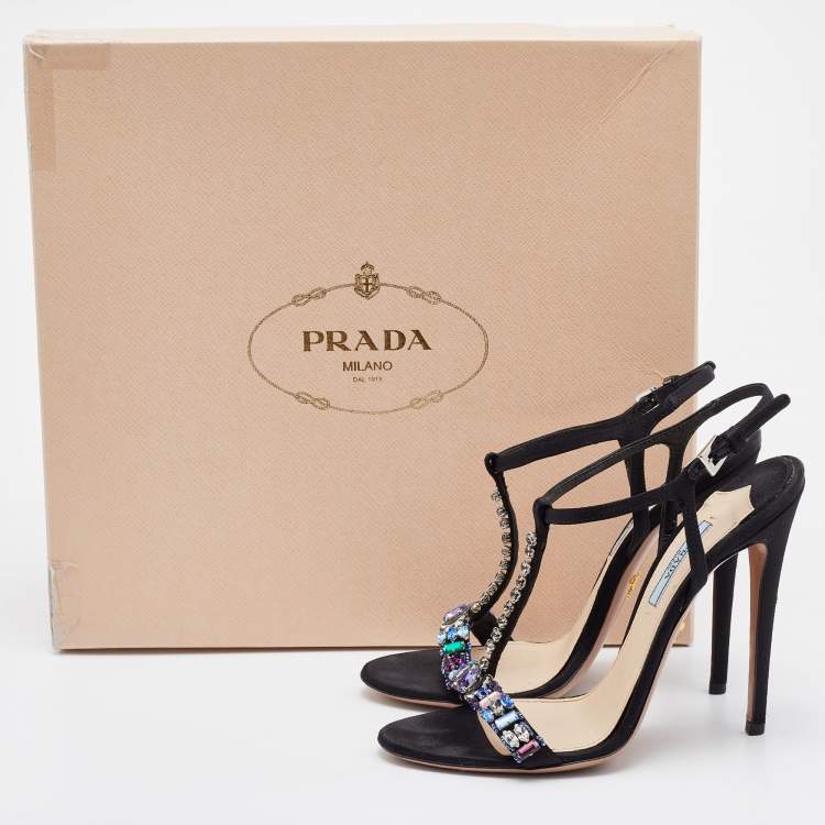 Pre Owned Prada Black Satin Crystal Embellished Ankle Strap Sandals Size 38