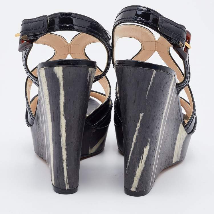 Pre Owned Prada Black Patent Leather Wooden Wedge Ankle Strap Sandals Size 37