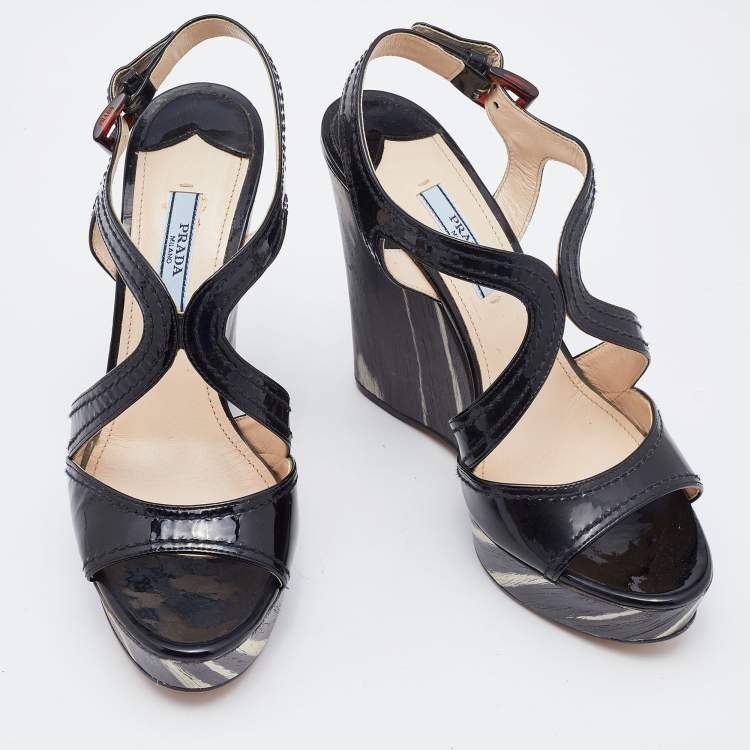 Pre Owned Prada Black Patent Leather Wooden Wedge Ankle Strap Sandals Size 37
