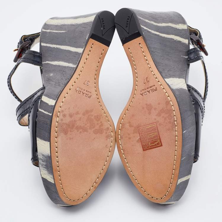 Pre Owned Prada Black Patent Leather Wooden Wedge Ankle Strap Sandals Size 37