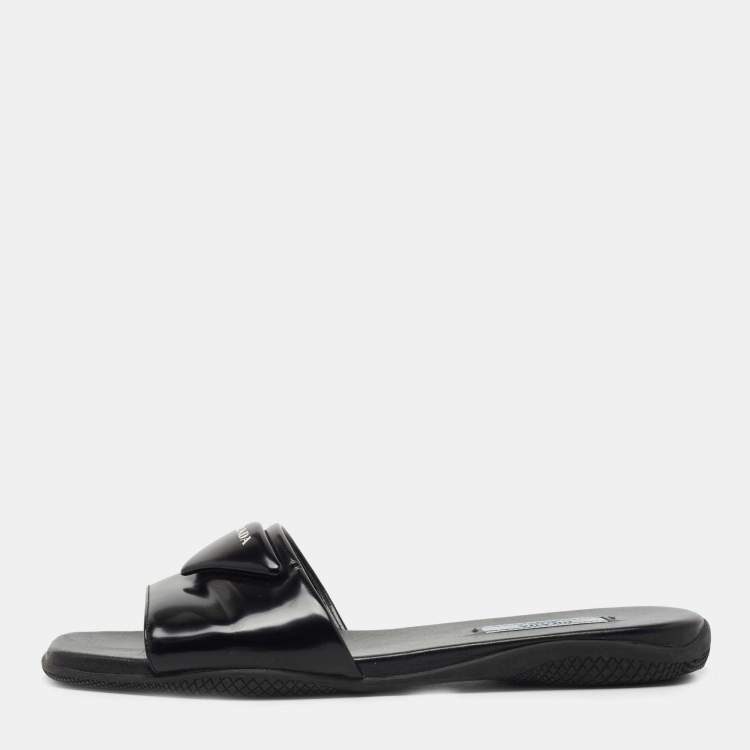 Prada Black Leather Logo Triangle Flat Slides Size 36.5 Prada | The ...