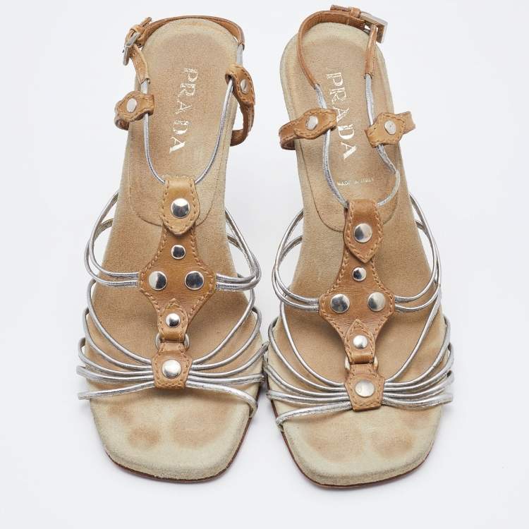 Pre Owned Prada Silver/Brown Leather Strappy Sandals Size 36.5