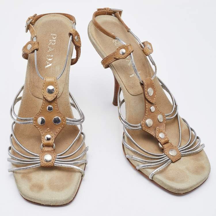 Pre Owned Prada Silver/Brown Leather Strappy Sandals Size 36.5