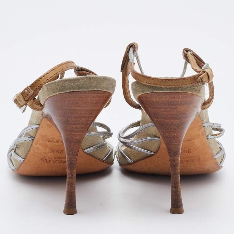 Pre Owned Prada Silver/Brown Leather Strappy Sandals Size 36.5