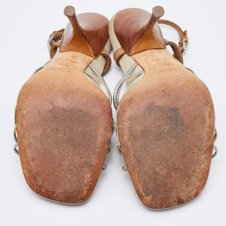 Pre Owned Prada Silver/Brown Leather Strappy Sandals Size 36.5