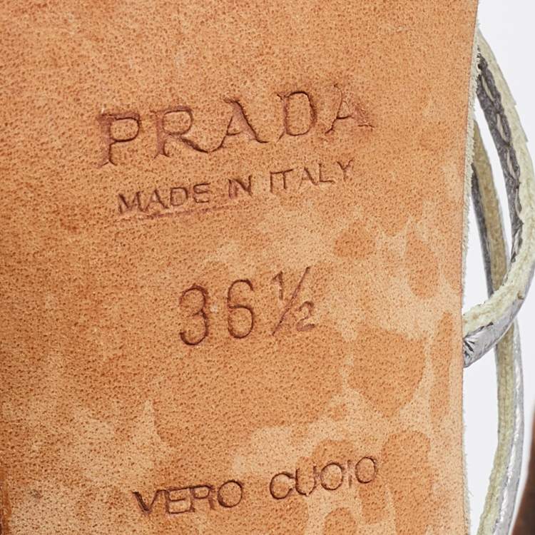 Pre Owned Prada Silver/Brown Leather Strappy Sandals Size 36.5