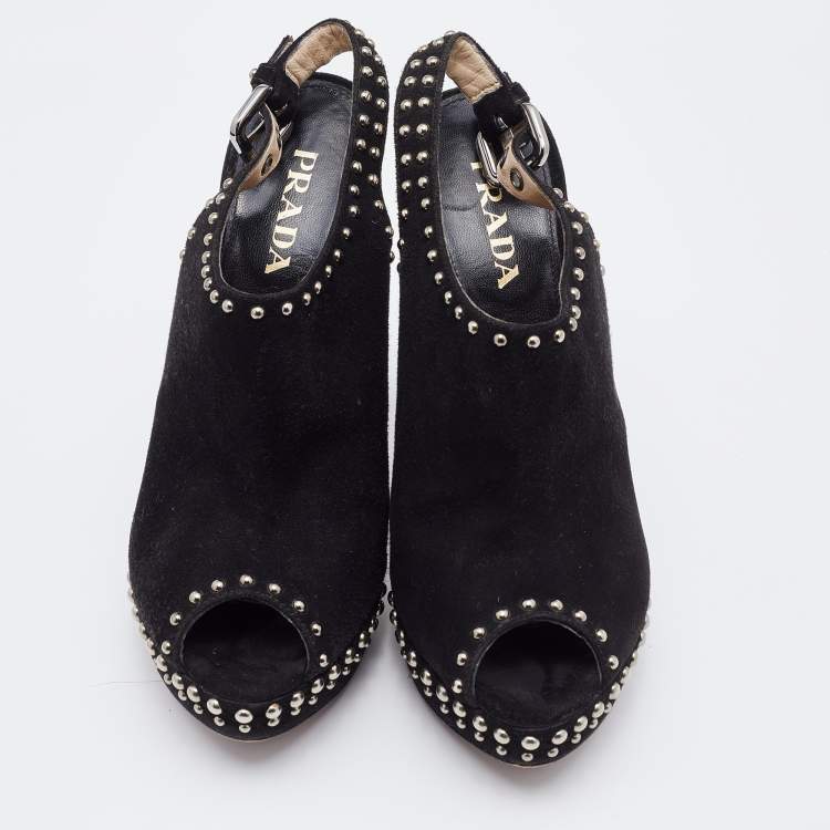 Pre Owned Prada Black Suede Studded Slingback Platform Sandals Size 36.5