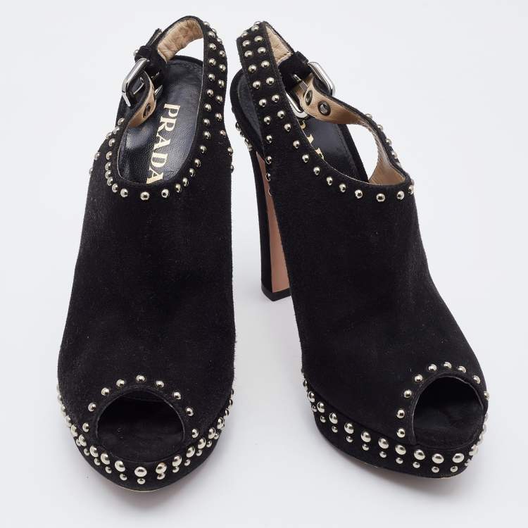 Pre Owned Prada Black Suede Studded Slingback Platform Sandals Size 36.5