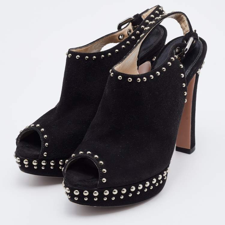 Pre Owned Prada Black Suede Studded Slingback Platform Sandals Size 36.5