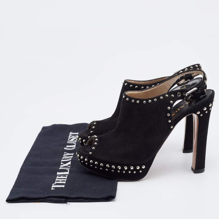 Pre Owned Prada Black Suede Studded Slingback Platform Sandals Size 36.5