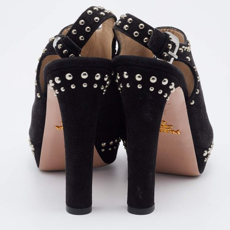 Pre Owned Prada Black Suede Studded Slingback Platform Sandals Size 36.5