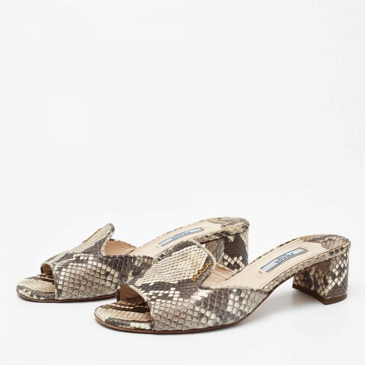 Pre Owned Prada Beige/Brown Python Leather Slide Sandals Size 36