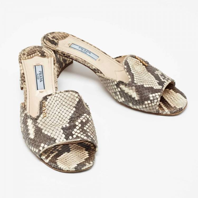 Pre Owned Prada Beige/Brown Python Leather Slide Sandals Size 36