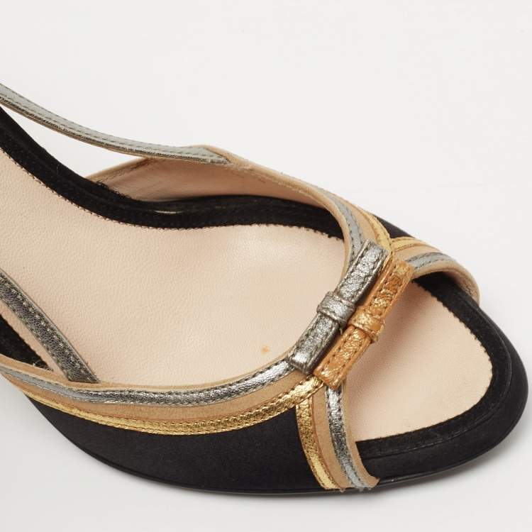 Pre Owned Prada Tricolor Satin and Leather Crystal Embellished Heel Slingback Sandals Size 37