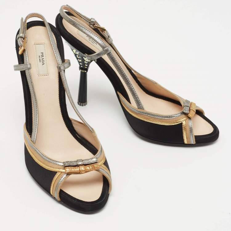 Pre Owned Prada Tricolor Satin and Leather Crystal Embellished Heel Slingback Sandals Size 37