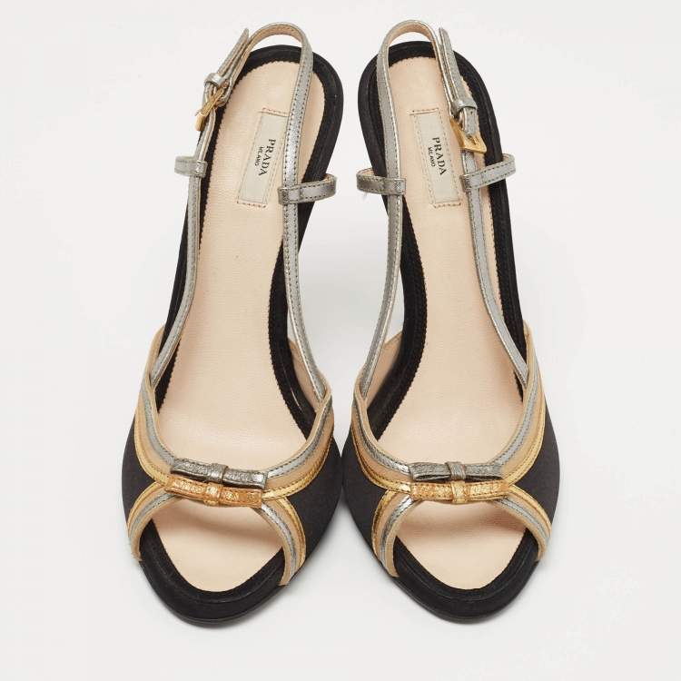 Pre Owned Prada Tricolor Satin and Leather Crystal Embellished Heel Slingback Sandals Size 37