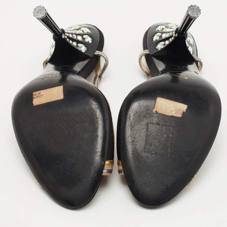 Pre Owned Prada Tricolor Satin and Leather Crystal Embellished Heel Slingback Sandals Size 37