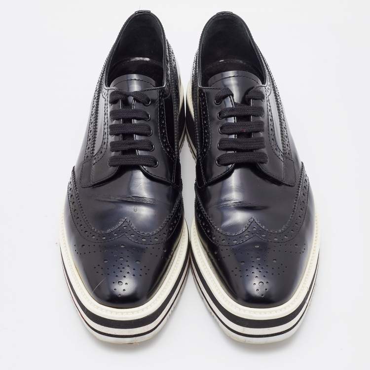 Pre Owned Prada Black Brogue Leather Platform Derby Sneakers Size 40
