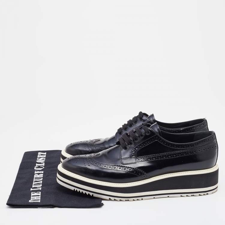Pre Owned Prada Black Brogue Leather Platform Derby Sneakers Size 40