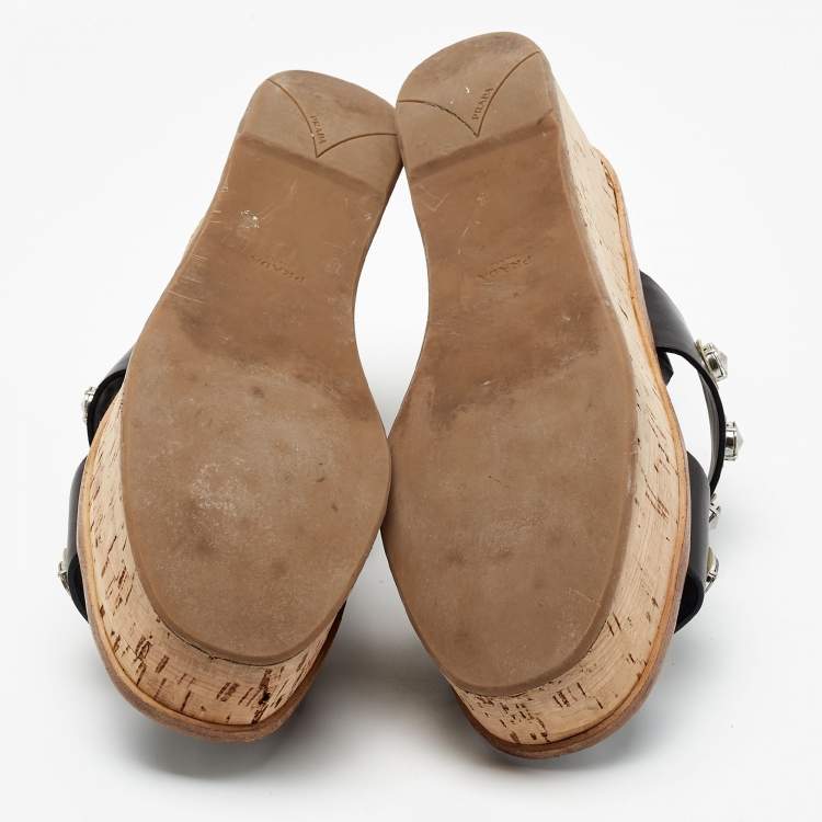 Pre Owned Prada Black Leather Rhinestone Embellished Ankle Strap Cork Wedge Sandals Size 40