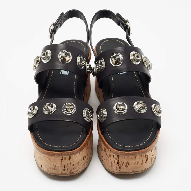 Pre Owned Prada Black Leather Rhinestone Embellished Ankle Strap Cork Wedge Sandals Size 40