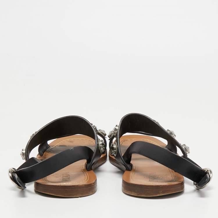 Pre Owned Prada Black Leather Crystal Embellished Flat Slingback Sandals Size 39.5