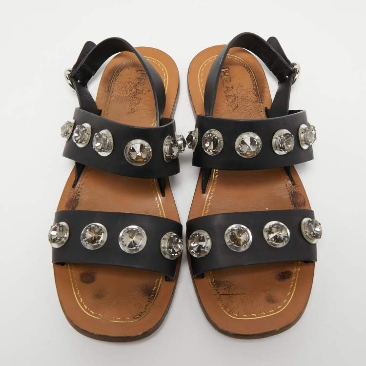 Pre Owned Prada Black Leather Crystal Embellished Flat Slingback Sandals Size 39.5