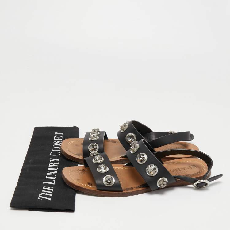 Pre Owned Prada Black Leather Crystal Embellished Flat Slingback Sandals Size 39.5