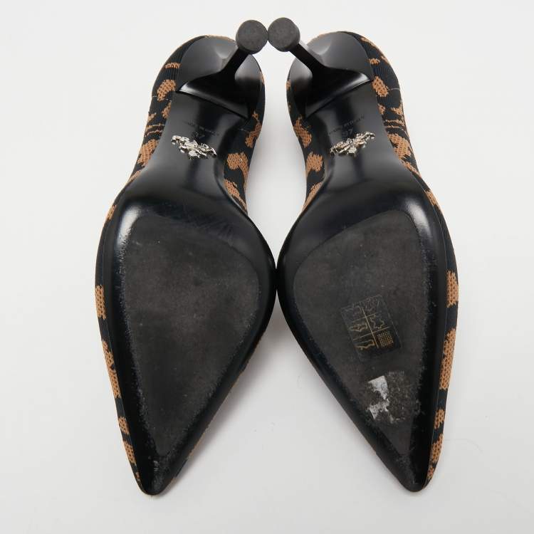 Pre Owned Prada Brown/Black Printed Knit Fabric Pointed Toe Pumps Size 37