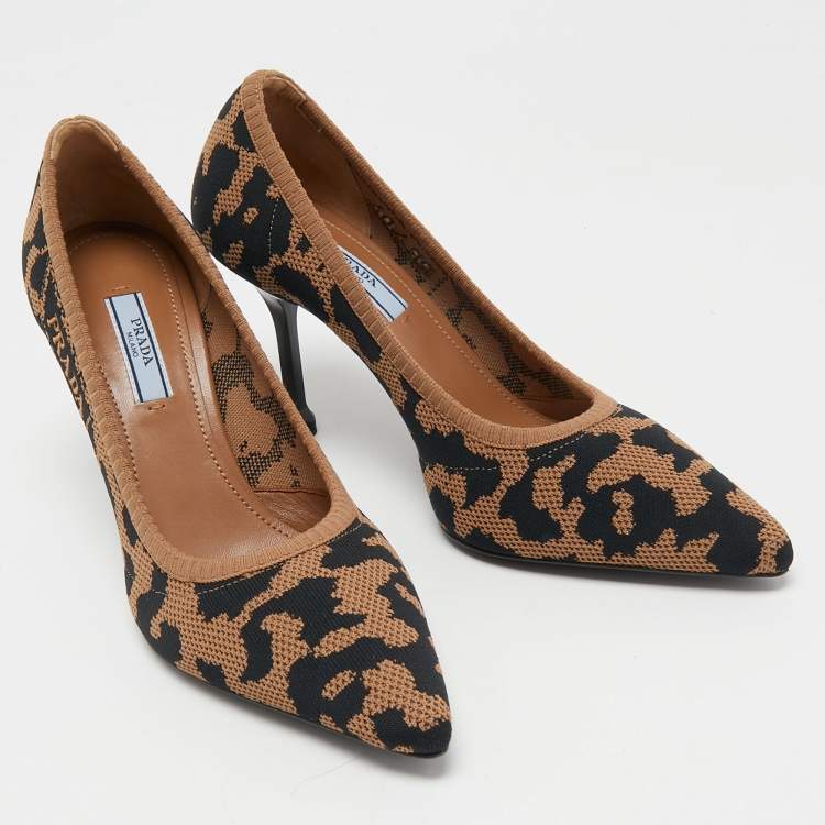 Pre Owned Prada Brown/Black Printed Knit Fabric Pointed Toe Pumps Size 37