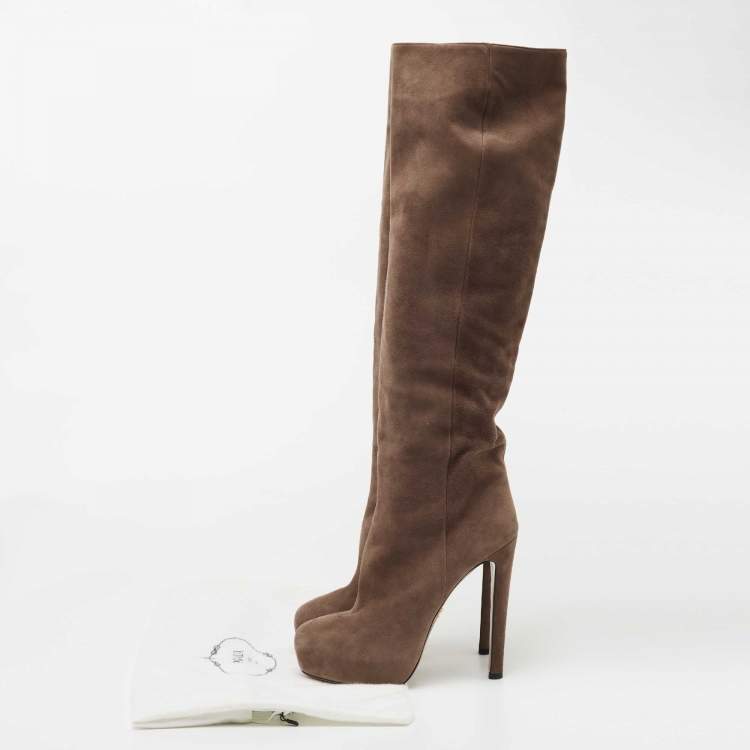 Pre Owned Prada Brown Suede Knee Length Boots Size 39.5