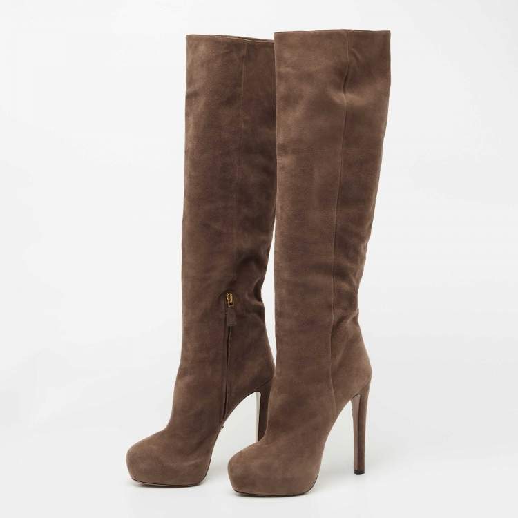 Pre Owned Prada Brown Suede Knee Length Boots Size 39.5