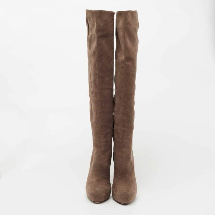Pre Owned Prada Brown Suede Knee Length Boots Size 39.5
