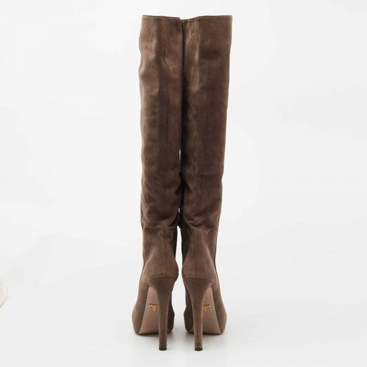 Pre Owned Prada Brown Suede Knee Length Boots Size 39.5