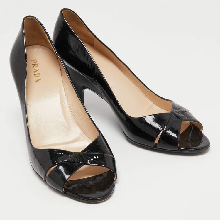 Pre Owned Prada Black Patent Leather Peep Toe Pumps Size 40