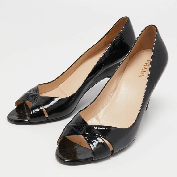 Pre Owned Prada Black Patent Leather Peep Toe Pumps Size 40