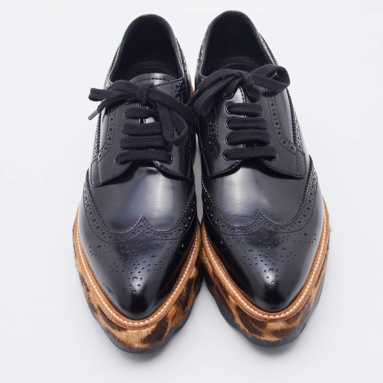 Pre Owned Prada Black Brogue Leather Wingtip Platform Derby Sneakers Size 38