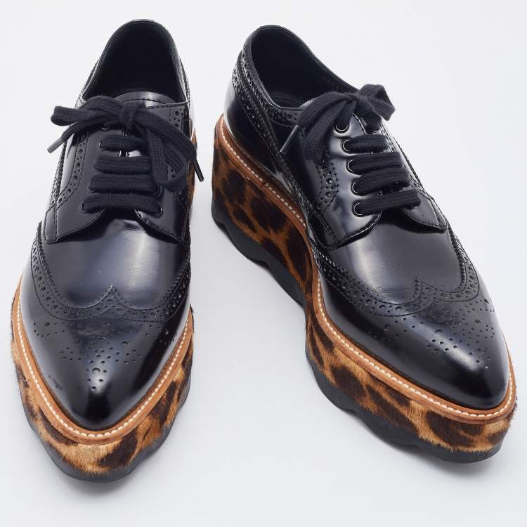 Pre Owned Prada Black Brogue Leather Wingtip Platform Derby Sneakers Size 38