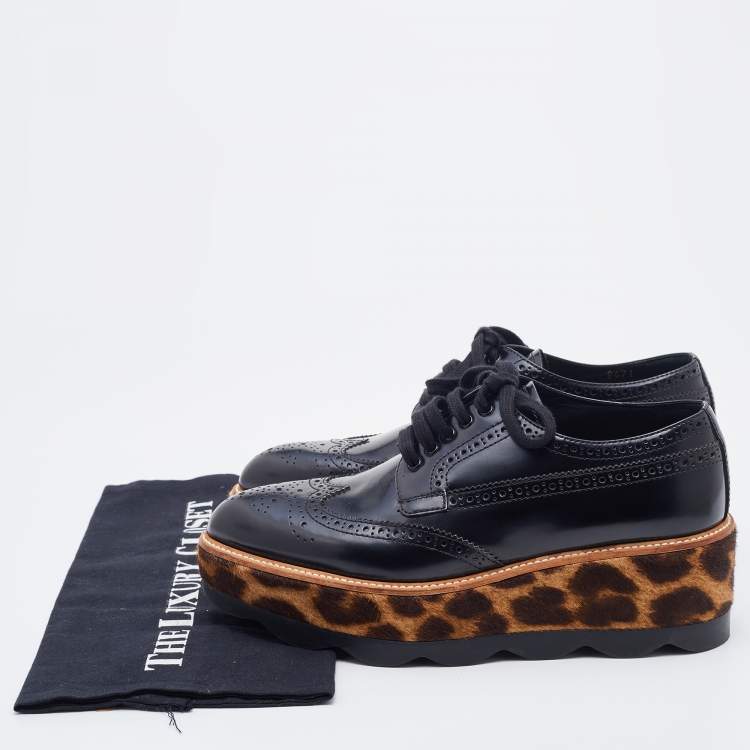 Pre Owned Prada Black Brogue Leather Wingtip Platform Derby Sneakers Size 38