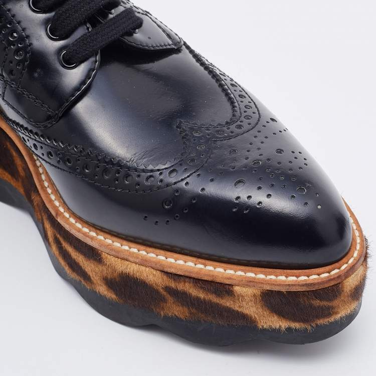 Pre Owned Prada Black Brogue Leather Wingtip Platform Derby Sneakers Size 38
