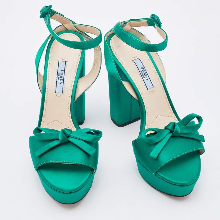 Pre Owned Prada Green Satin Bow Platform Block Heel Ankle Strap Sandals Size 38