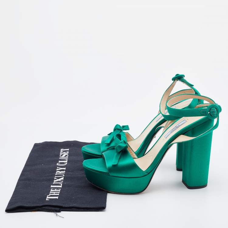 Pre Owned Prada Green Satin Bow Platform Block Heel Ankle Strap Sandals Size 38