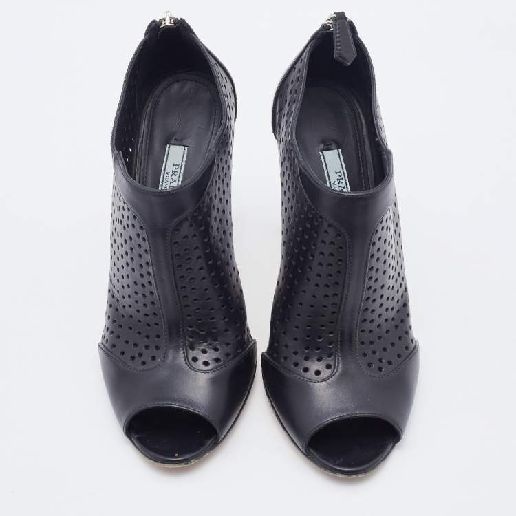 Pre Owned Prada Black Perforated Leather Open Toe Booties Size 37