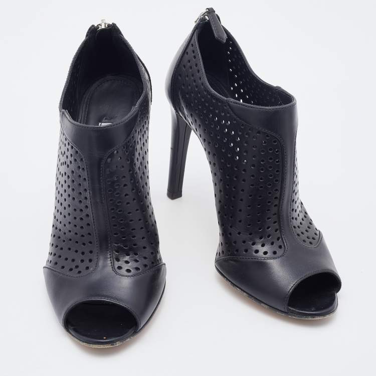 Pre Owned Prada Black Perforated Leather Open Toe Booties Size 37
