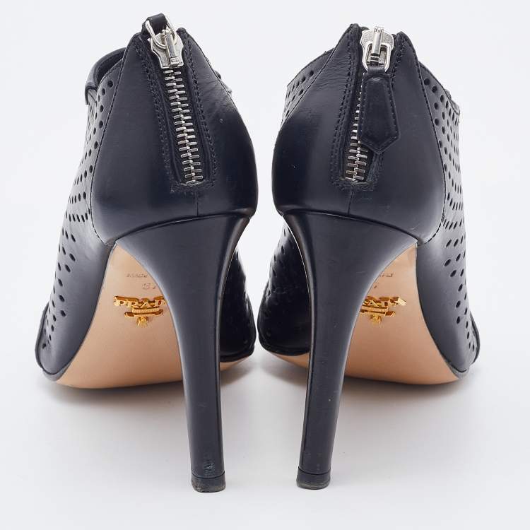 Pre Owned Prada Black Perforated Leather Open Toe Booties Size 37